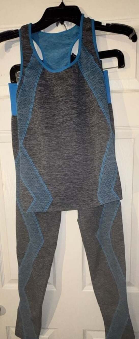 New Mix Gray and Blue Athletic Workout Activewear Set Tank Top and Leggings
